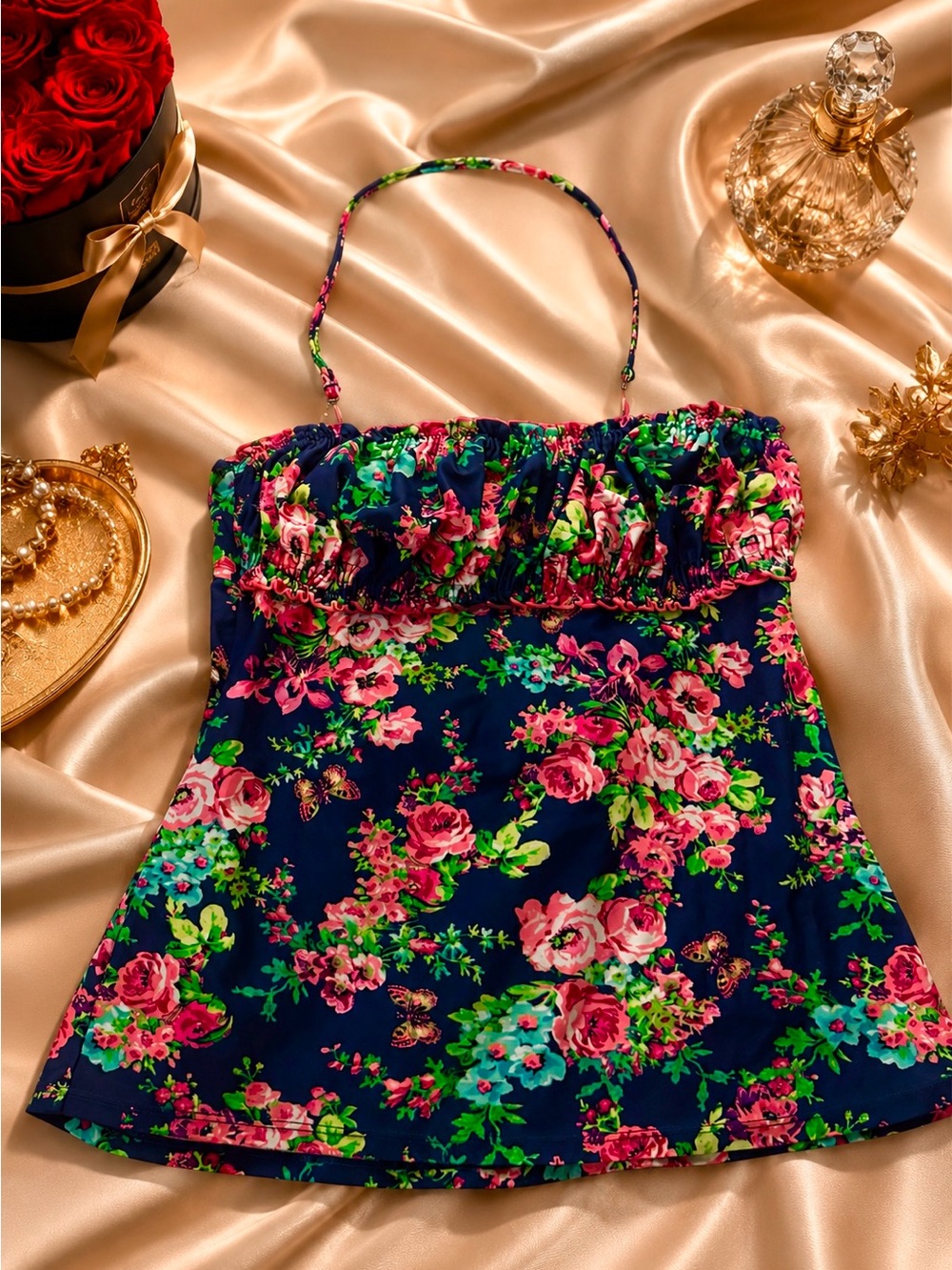 Swimsuit Tankini Navy Rose Floral Summer Beach Swimwear M Size - Picture 2 of 4